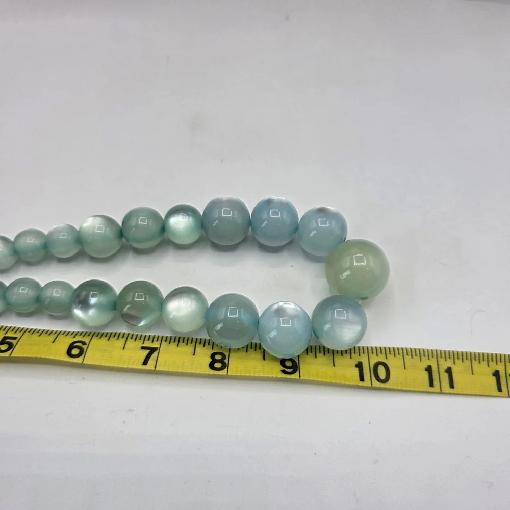 Seafoam Green Blue Cat Eye Graduated Bead Necklace Silver Tone Adjustable Clasp